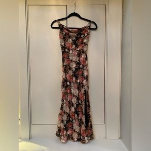 “Hello Molly” NWT Black/fuchsia floral cowl neck midi dress lace up back size S